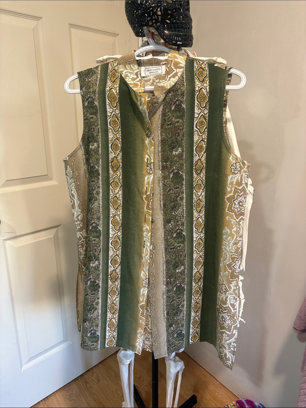Sleeveless Striped Paisley Tunic in Olive and Gold by London Times
